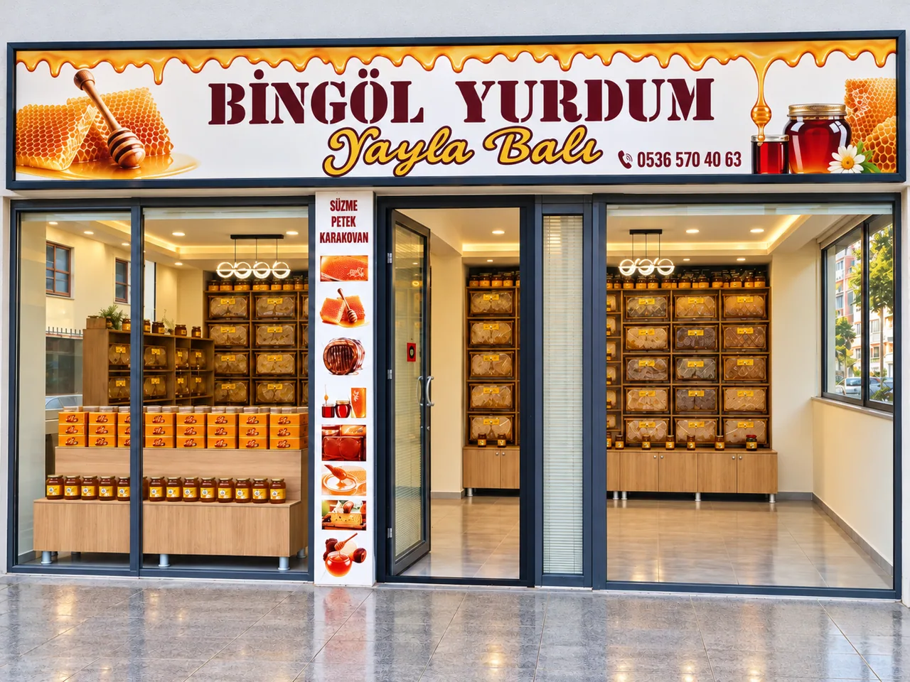 Bingöl Yurdum Yayla Balı işletmesinin tabelası ve mağaza girişi