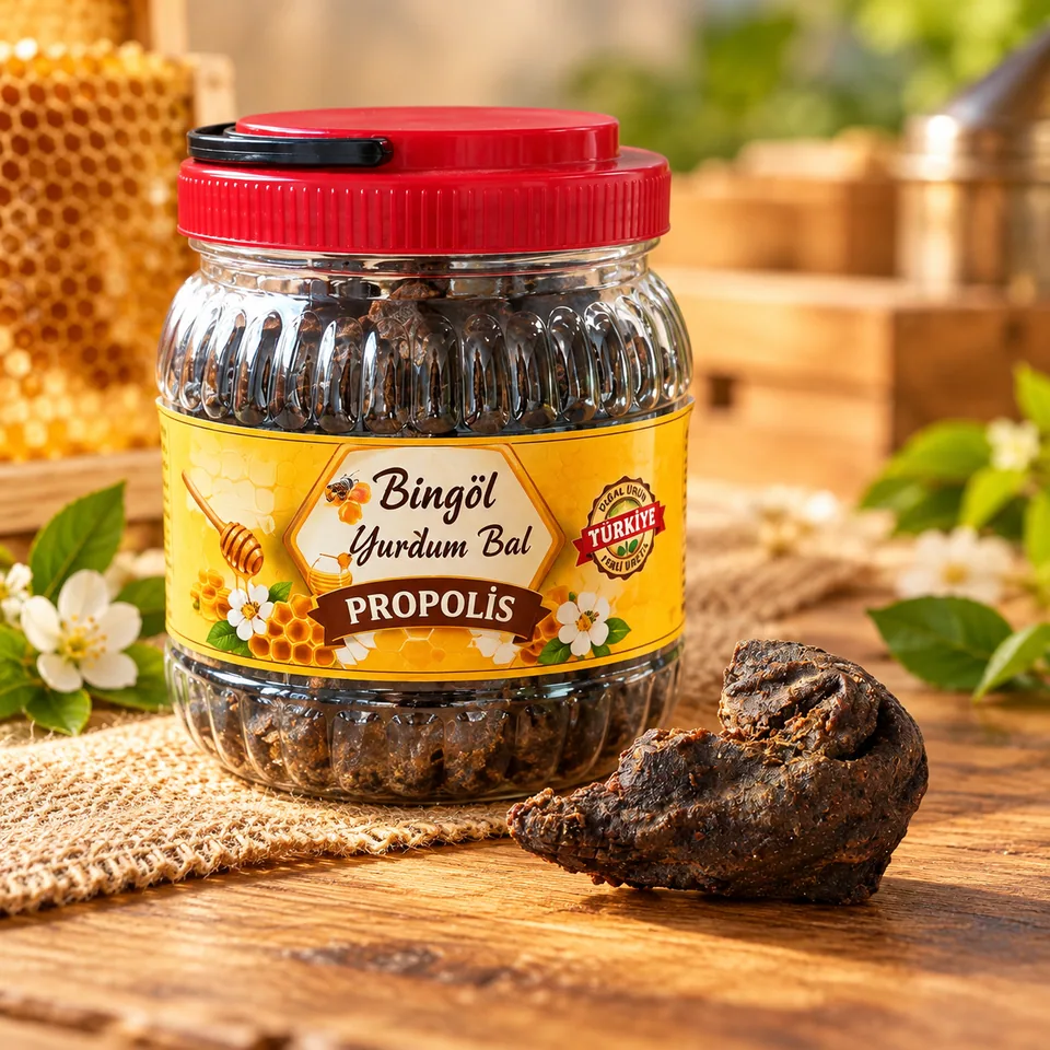 Propolis etiketli kırmızı kapaklı kavanoz ve yanındaki koyu renk parçalar